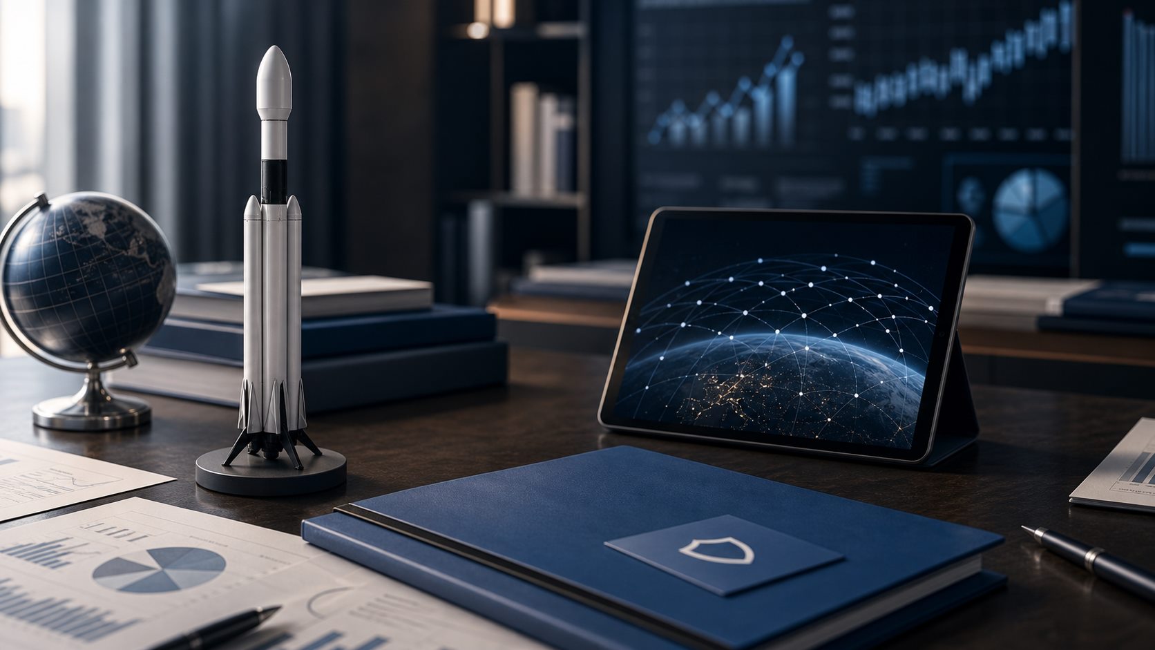 SpaceX 금융 영향과 민간 우주경제를 표현한 로켓 모형과 추상 차트 사진