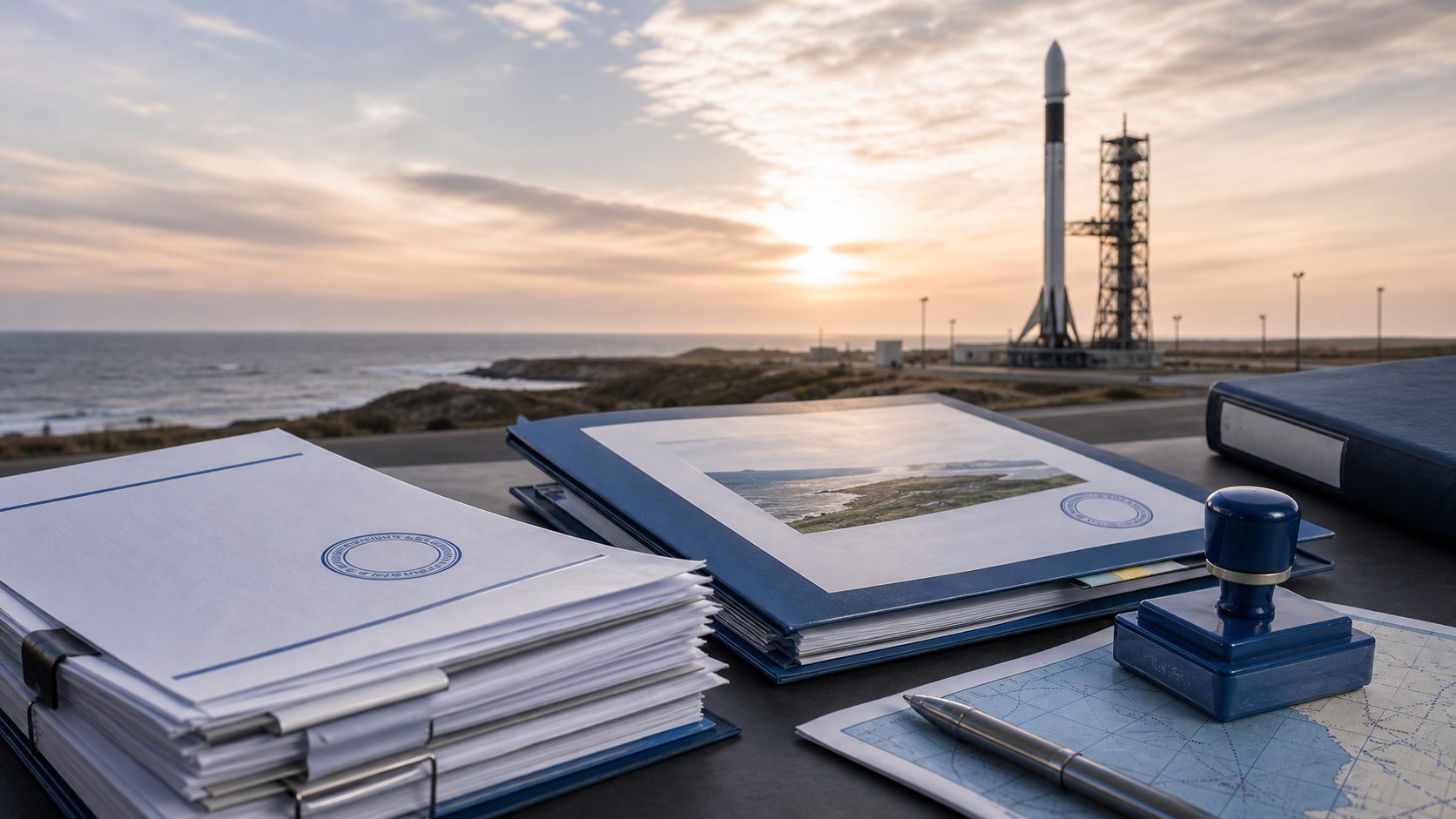 SpaceX 우주법과 발사 규제를 표현한 해안 발사장과 정책 문서 사진